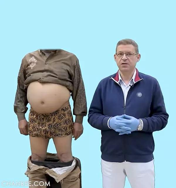 外科医生给大肚腩老叔检查阴囊积水